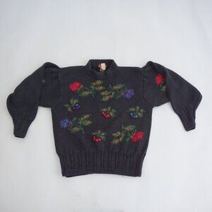 Vintage ruff hewn Black Floral Bouquet Knit Sweater Statement Botanical Design S